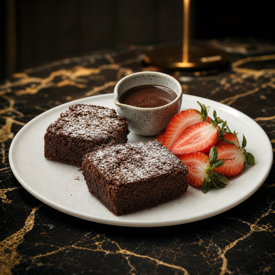 Warm fudge brownies with fresh strawberries and chocolate sauce