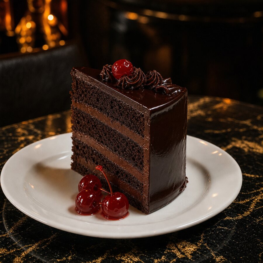 Slice of rich chocolate cake with cherries