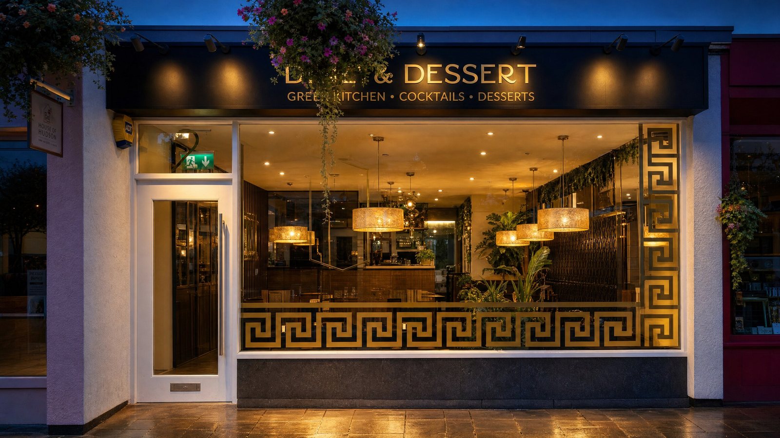 The black and gold Dine & Dessert shop front on Market Square, Kirkham, glowing in the evening